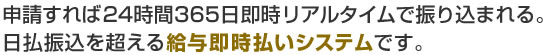 申請すれば24時間365日即時リアルタイムで振り込まれる。日払振込を超える給与即時払いシステムです。