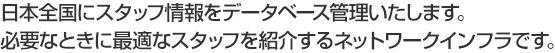 日本全国にスタッフ情報をデータベース管理いたします。必要なときに最適なスタッフを紹介するネットワークインフラです。